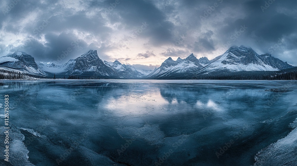 Panoramic view of frozen Moraine Lake in Banff National Park, showcasing stunning reflection of snow-capped mountains and cloudy sky, Panoramic view of frozen Moraine Lake in Banff National Park, showcasing stunning reflection of snow-capped mountains and cloudy sky,