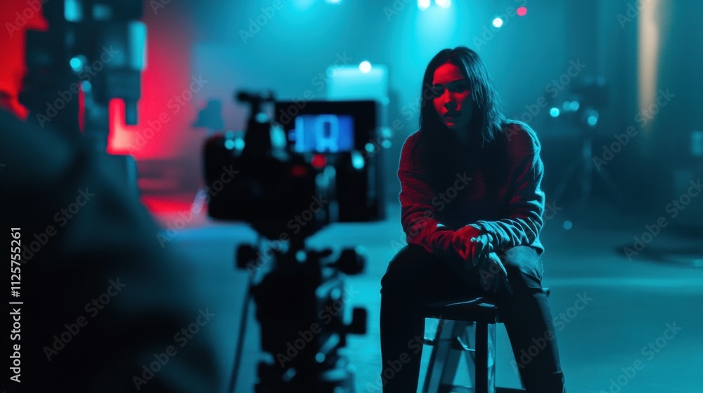 Person being interviewed in a television studio setting with colorful lighting, capturing the essence of media production technologies. Generative AI Person being interviewed in a television studio setting with colorful lighting, capturing the essence of media production technologies. Generative AI