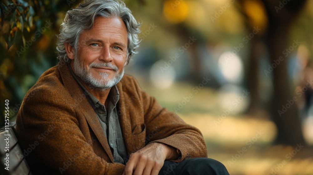 A mature man with grey hair dressed in a brown jacket sits comfortably on a bench in a park. The afternoon sun highlights golden leaves, creating a serene atmosphere. A mature man with grey hair dressed in a brown jacket sits comfortably on a bench in a park. The afternoon sun highlights golden leaves, creating a serene atmosphere.