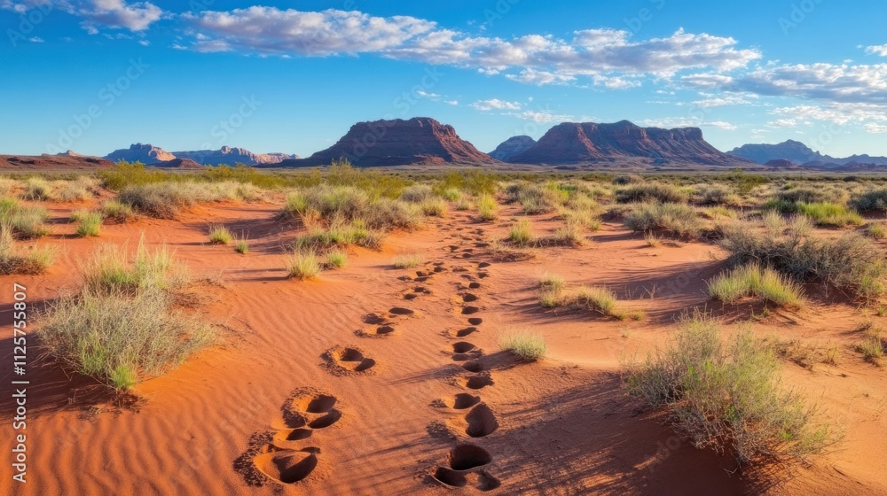 Footprints in red sand desert leading to mountains under blue sky. Footprints in red sand desert leading to mountains under blue sky.