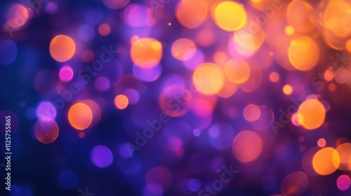 A vibrant abstract background featuring colorful bokeh lights in purple and orange hues.