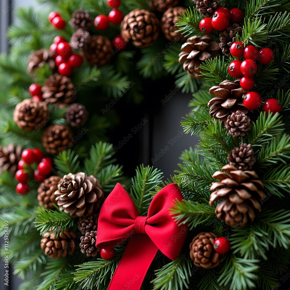 Decoration Christmas Background Wallpaper Wreath Pine Cones Cherry Snow Red Ribbon Vibrant Decoration Christmas Background Wallpaper Wreath Pine Cones Cherry Snow Red Ribbon Vibrant