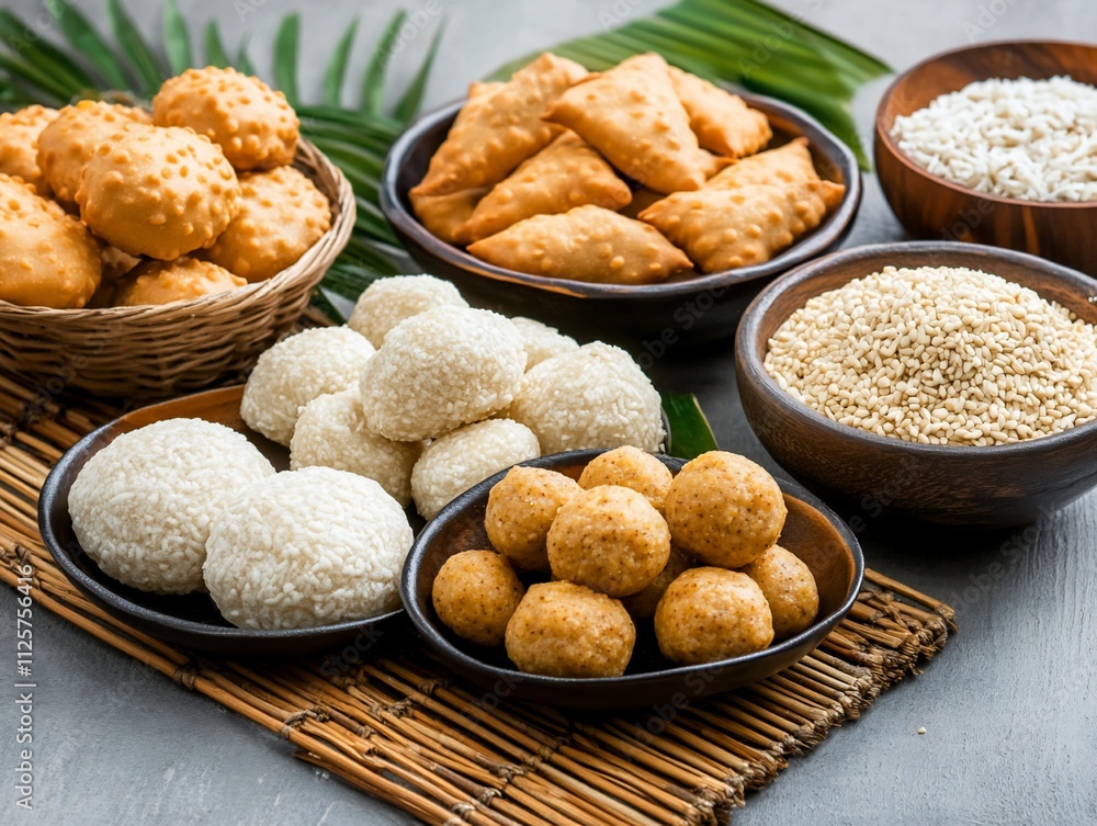 Assorted sweet and savory pastries, rice, and sesame seeds on a rustic surface. Assorted sweet and savory pastries, rice, and sesame seeds on a rustic surface.