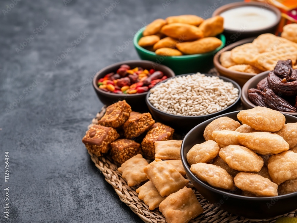 Assorted Indian sweets and snacks in bowls on a table. Assorted Indian sweets and snacks in bowls on a table.