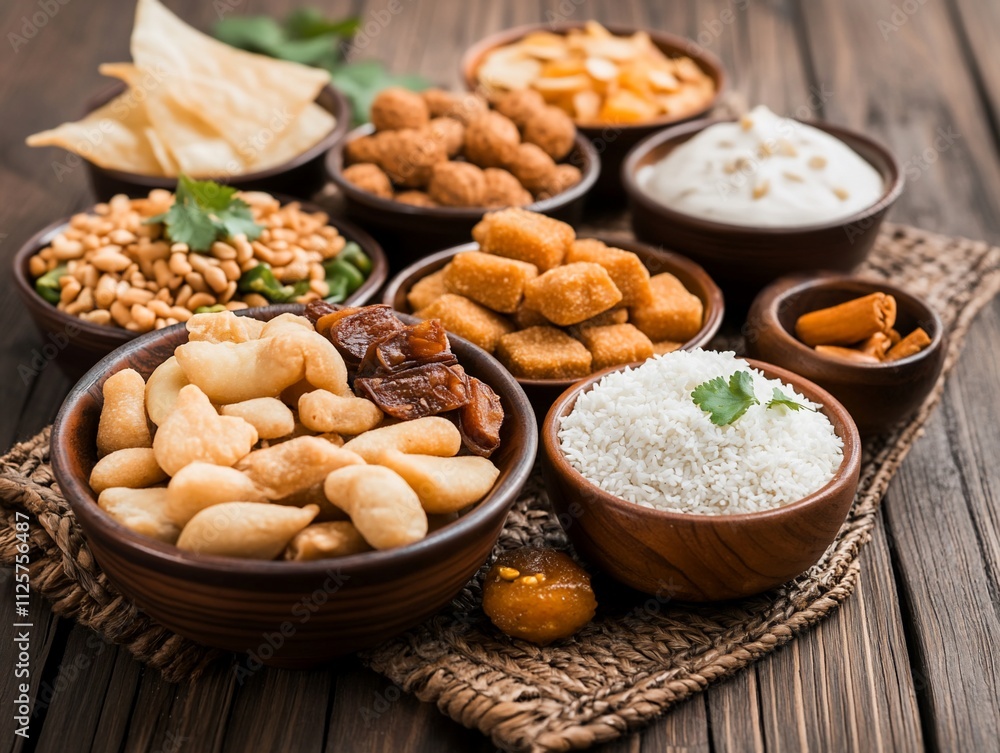 Assorted Indian snacks and sweets in bowls on wooden table. Assorted Indian snacks and sweets in bowls on wooden table.