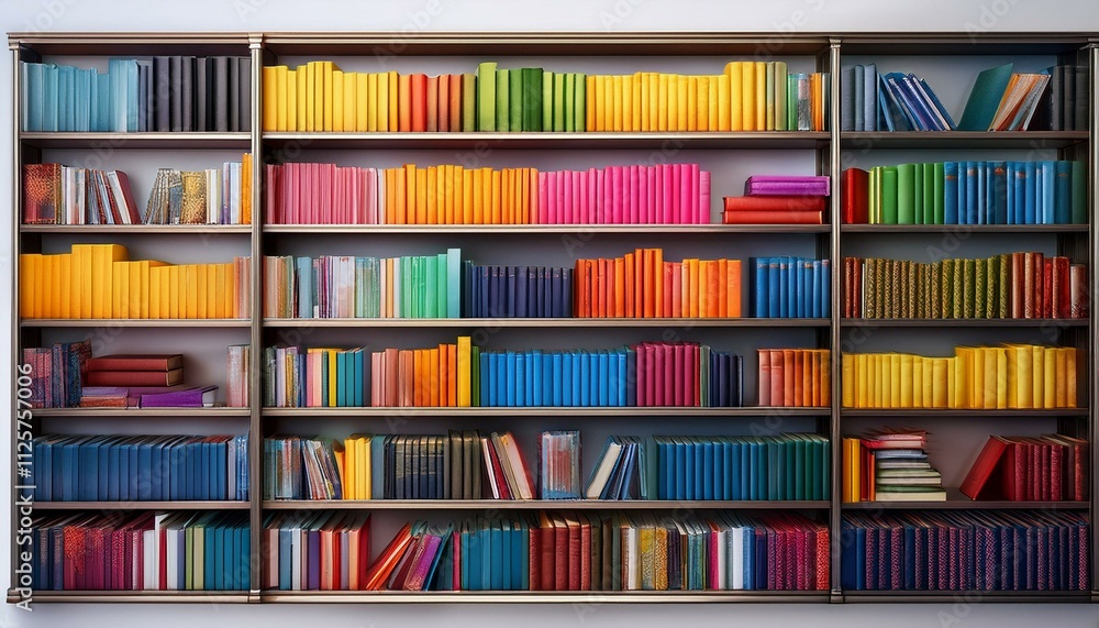 白い背景でカラフルな本が順番に並べられた整然とした本棚
白い背景でカラフルな本が順番に並べられた整然とした本棚