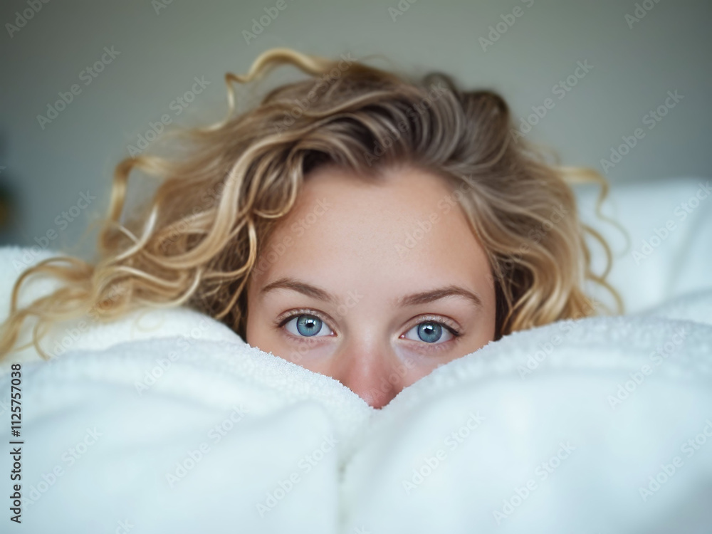 Young woman with curly blonde hair peeks playfully from under a fluffy white comforter, her blue eyes radiating warmth and coziness. Young woman with curly blonde hair peeks playfully from under a fluffy white comforter, her blue eyes radiating warmth and coziness.