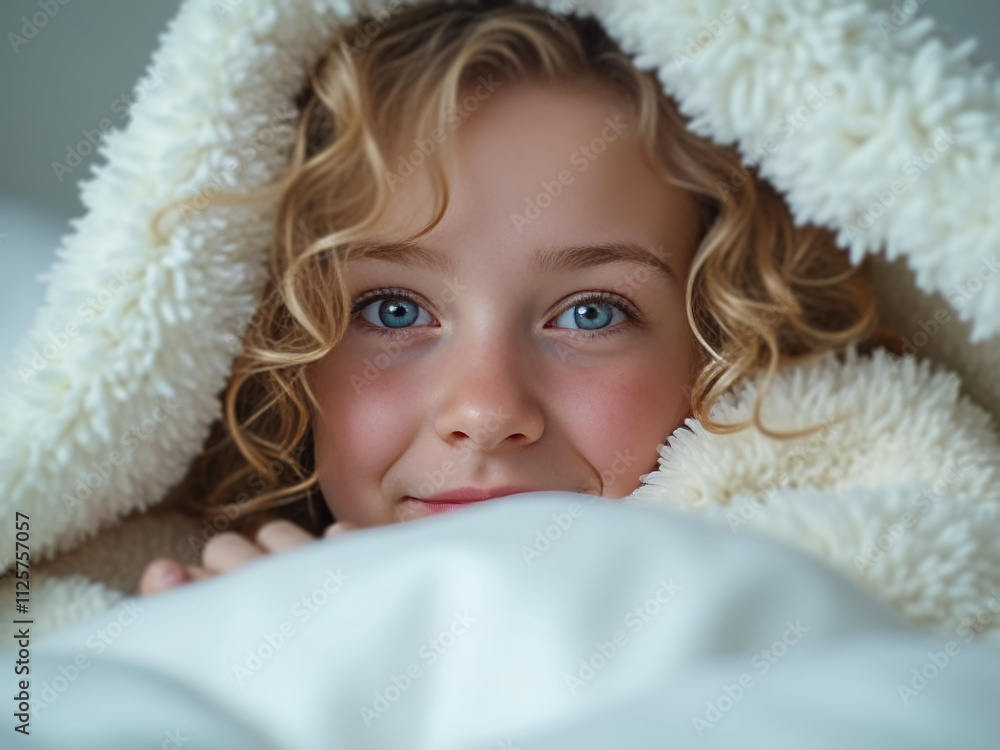 Young woman with curly blonde hair peeks playfully from under a fluffy white comforter, her blue eyes radiating warmth and coziness. Young woman with curly blonde hair peeks playfully from under a fluffy white comforter, her blue eyes radiating warmth and coziness.