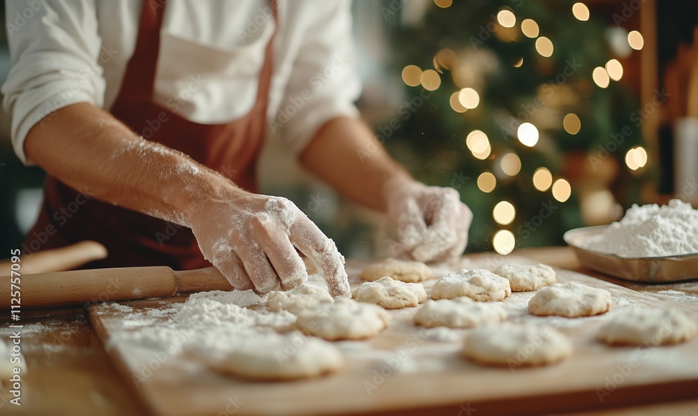 Man baking Christmas cookies on wooden board. Man baking Christmas cookies on wooden board.