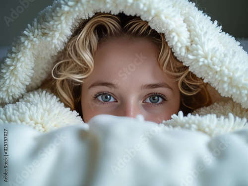 Young woman with curly blonde hair peeks playfully from under a fluffy white comforter, her blue eyes radiating warmth and coziness.