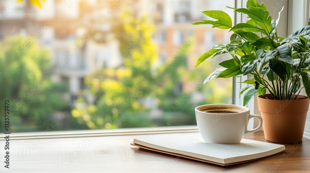 Coffee, notebook, plant on windowsill. Coffee, notebook, plant on windowsill.