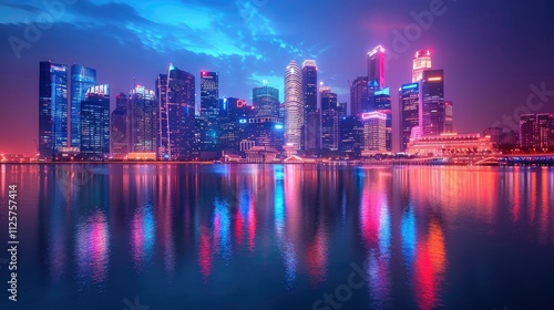 Vibrant cityscape at night, reflected in calm water.