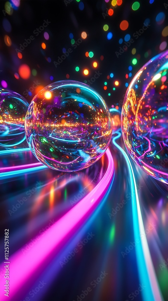 Colorful spheres on neon trails, bokeh background. Colorful spheres on neon trails, bokeh background.