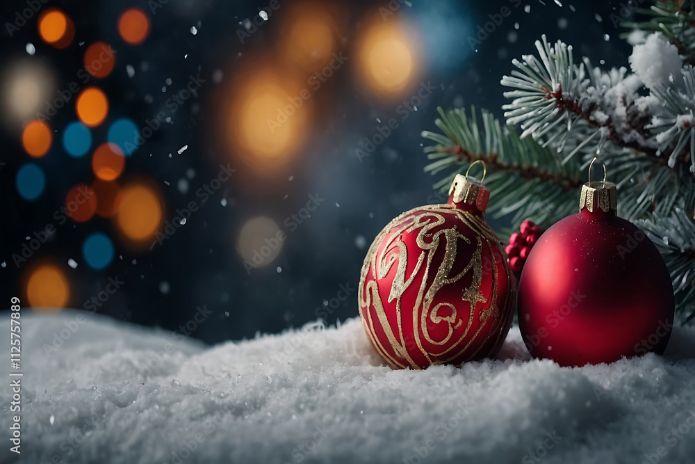 Festive Christmas ornament on snow with bokeh lights Festive Christmas ornament on snow with bokeh lights
