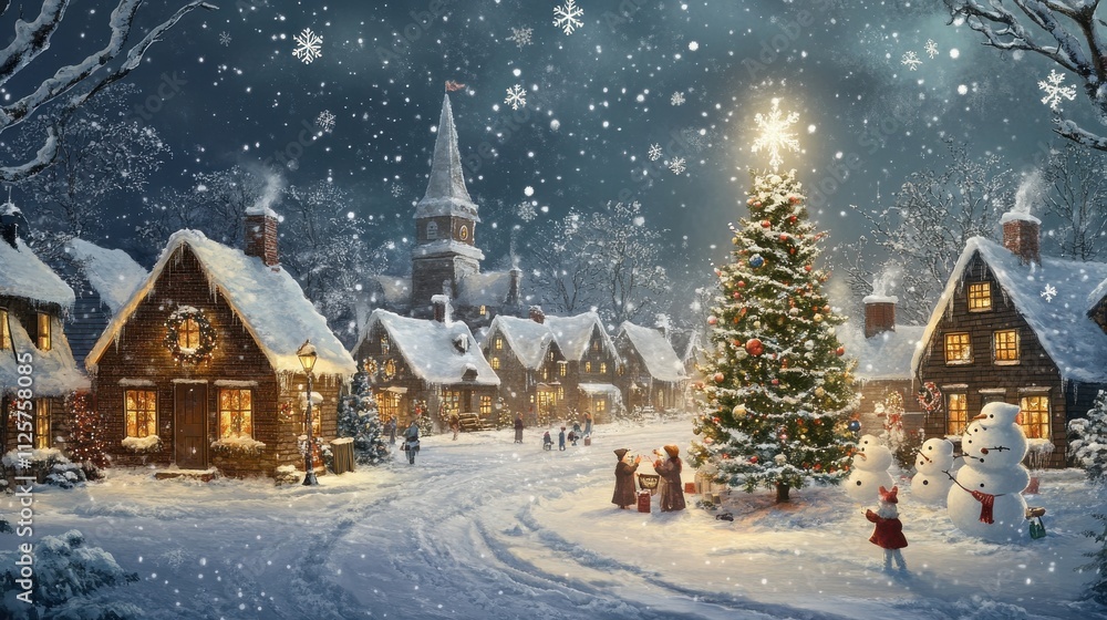 Snowy Christmas village scene with church, tree, and snowmen. Snowy Christmas village scene with church, tree, and snowmen.
