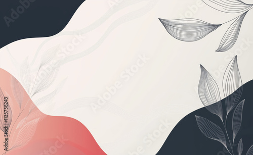 Abstract design featuring flowing shapes and botanical elements in muted colors, ideal for modern decor and artistic projects. A subtle abstract design showcases flowing shapes in soft tones of coral.