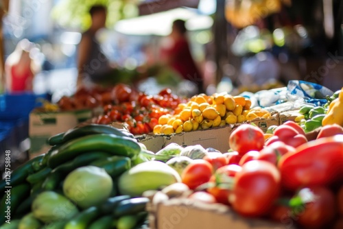 A bustling city market with vendors selling fresh produce and local delicacies, representing cultural diversity and culinary richness, Market scene photo