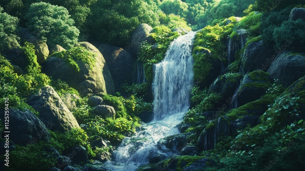 Serene Waterfall Cascading Through Lush Greenery