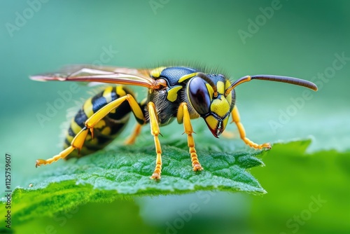 Macro Photography of a Yellow Jacket Wasp on a Leaf