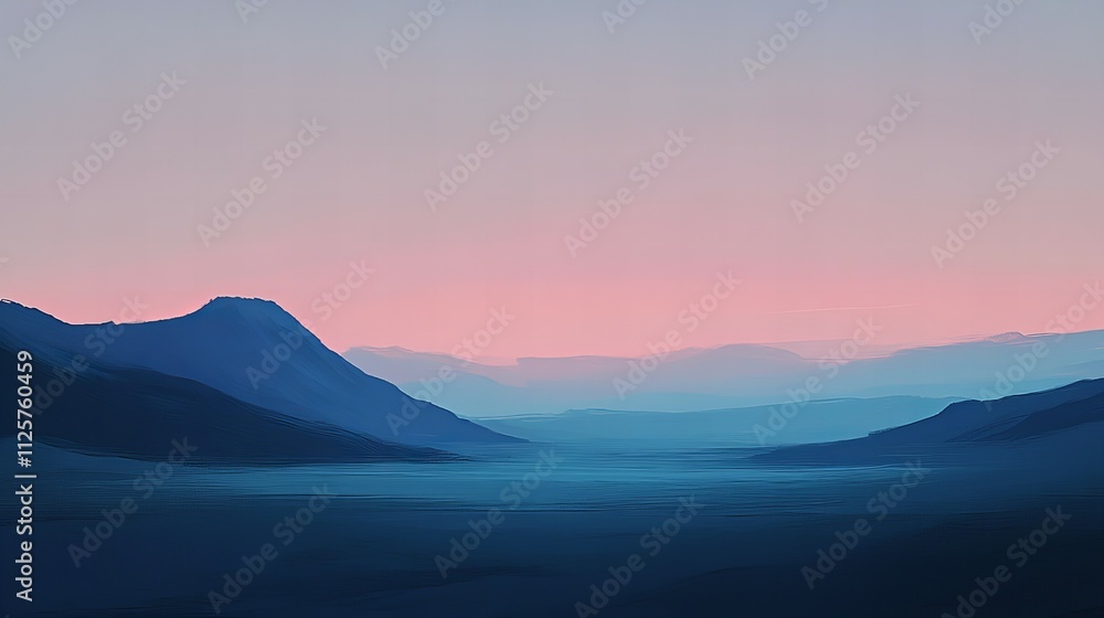 A minimalist digital painting of a serene, blue mountain range at dusk, with soft, gradient hues and a distant horizon. A minimalist digital painting of a serene, blue mountain range at dusk, with soft, gradient hues and a distant horizon.