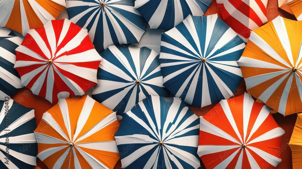 A vibrant arrangement of colorful beach umbrellas with stripes, creating a lively atmosphere. A vibrant arrangement of colorful beach umbrellas with stripes, creating a lively atmosphere.