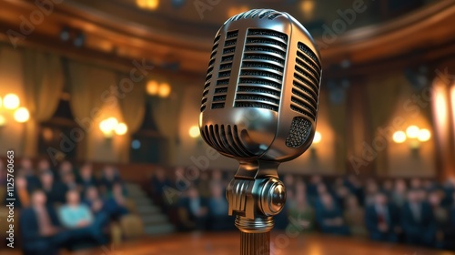 A high angle wide shot of a microphone on a classic wooden stand, situated on a theater stage surrounded by a blurred audience in soft focus, dim ambient lighting with golden accents from stage spotli photo