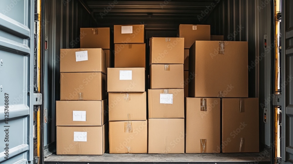 Cargo Lorry Rear Doors Open with Neatly Organized Packages Cargo Lorry Rear Doors Open with Neatly Organized Packages