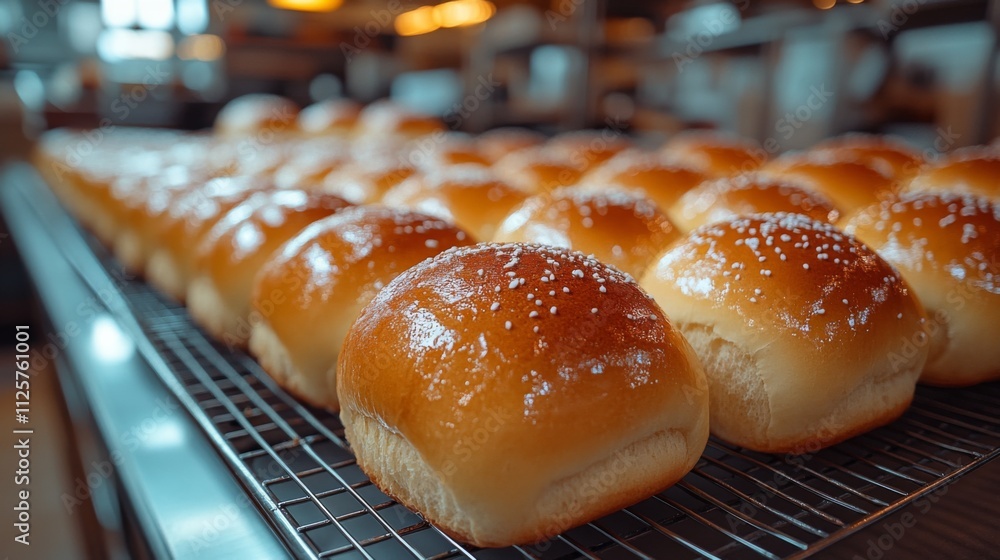 Golden brown rolls topped with sea salt rest on a wire rack in a busy bakery. The early morning light fills the room, highlighting the texture and shine of the bread. Golden brown rolls topped with sea salt rest on a wire rack in a busy bakery. The early morning light fills the room, highlighting the texture and shine of the bread.