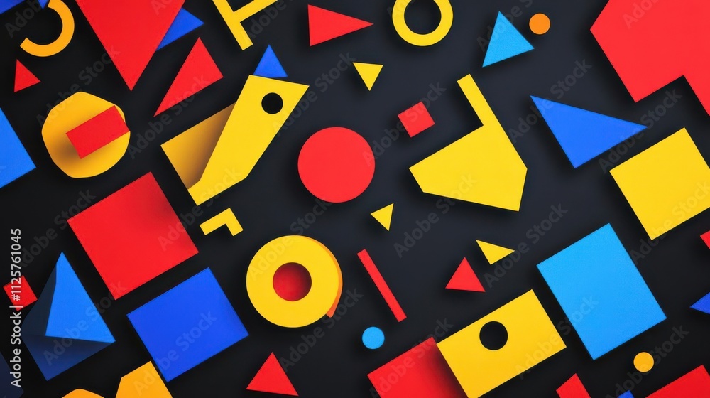 A vibrant arrangement of geometric shapes in red, yellow, and blue on a dark background. A vibrant arrangement of geometric shapes in red, yellow, and blue on a dark background.
