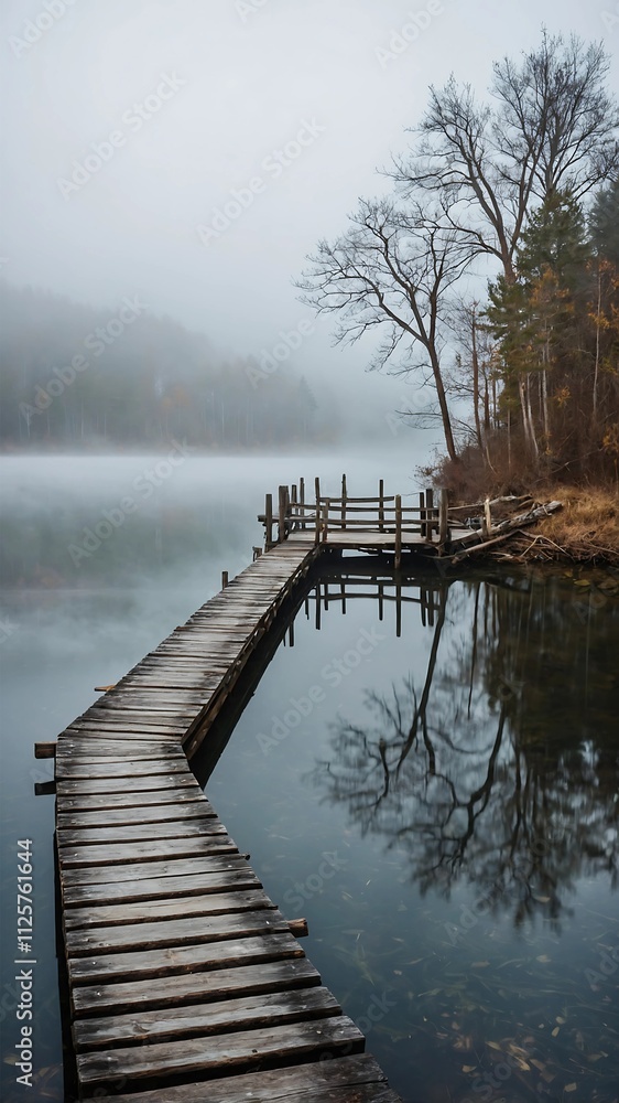 Obraz premium An old wooden pier extending into a foggy lake