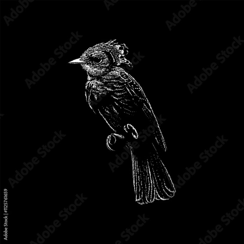 Amazonian Royal Flycatcher hand drawing vector isolated on black background.