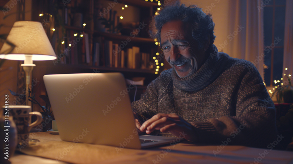 a high definition photography of a latin adult man using a laptop with a happy expression a high definition photography of a latin adult man using a laptop with a happy expression