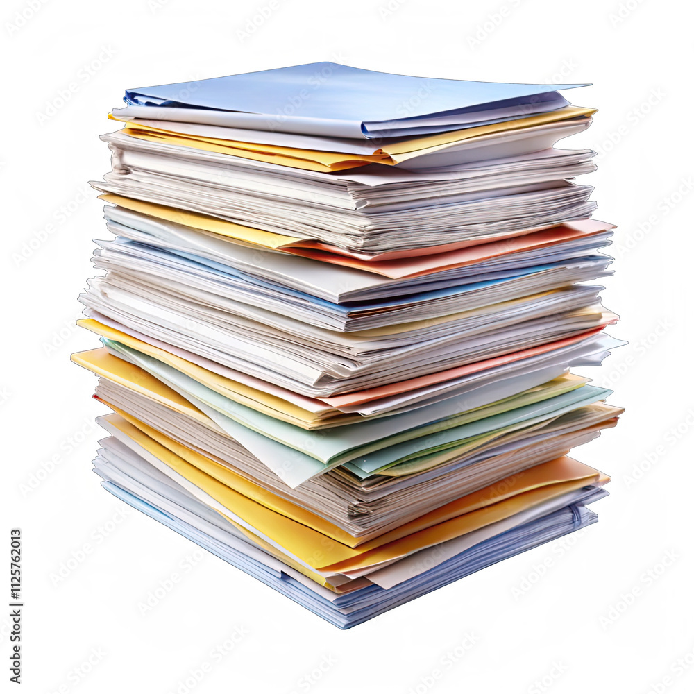 Various business documents and printed materials are neatly stacked showcasing a range of colors and sizes intended for organizational needs in the office Various business documents and printed materials are neatly stacked showcasing a range of colors and sizes intended for organizational needs in the office