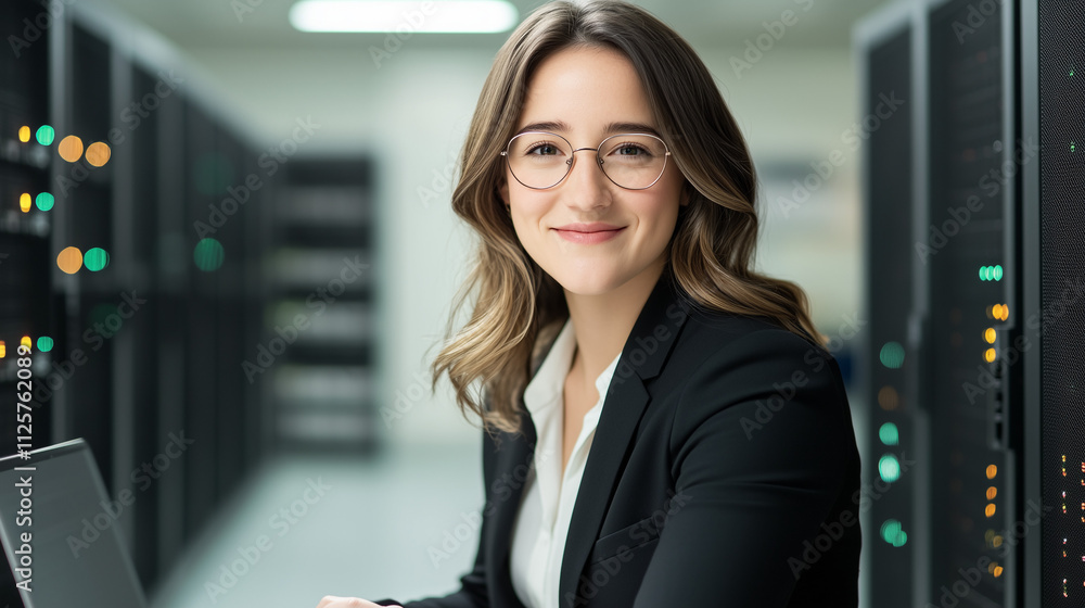 A woman in a professional suit working on a laptop in a modern data center, surrounded by towering servers with LED indicators A woman in a professional suit working on a laptop in a modern data center, surrounded by towering servers with LED indicators