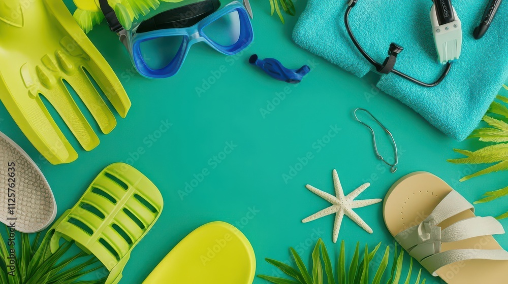 A vibrant arrangement of snorkeling gear and beach accessories on a tropical background. A vibrant arrangement of snorkeling gear and beach accessories on a tropical background.