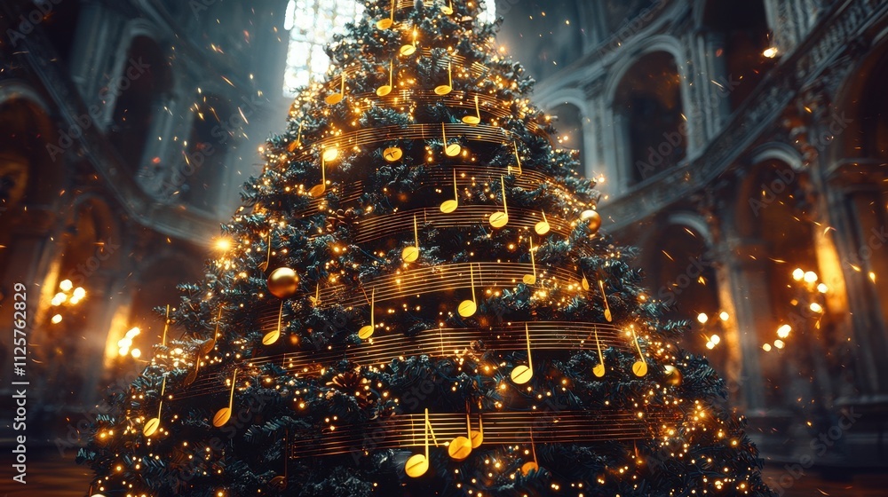 A beautifully decorated Christmas tree adorned with musical notes and glowing lights, set in an enchanting, illuminated space. A beautifully decorated Christmas tree adorned with musical notes and glowing lights, set in an enchanting, illuminated space.