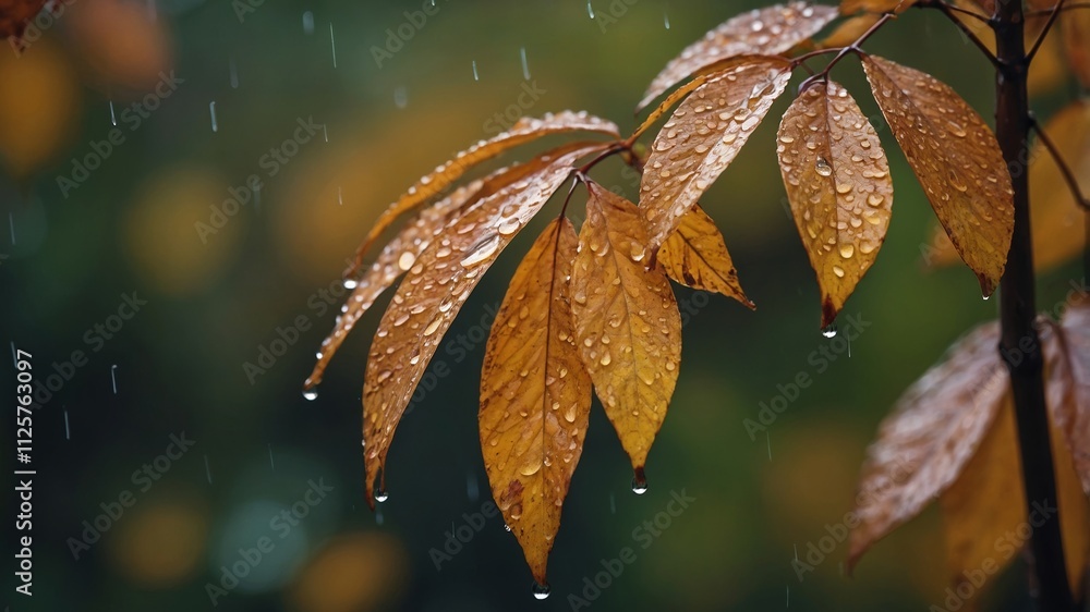 Autumn foliage covered in raindrops on blur Autumn foliage covered in raindrops on blur