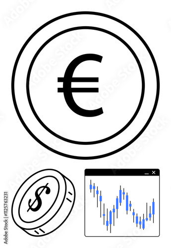 Euro and Dollar currency symbols with a stock market graph showing price fluctuations. Ideal for financial planning, investment, banking, forex market, economic studies, trading education, financial