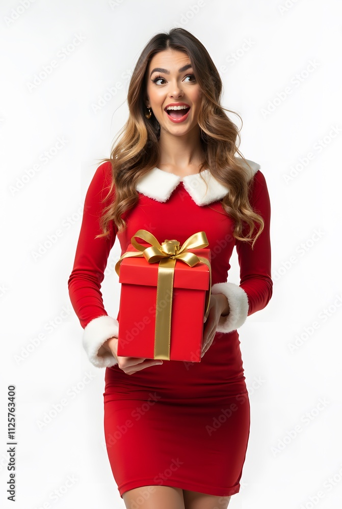 Fototapeta premium Caucasian Asian Girl Christmas Red Stylish Dress Hat Holding Gift Bag Box Present Excited Santa
