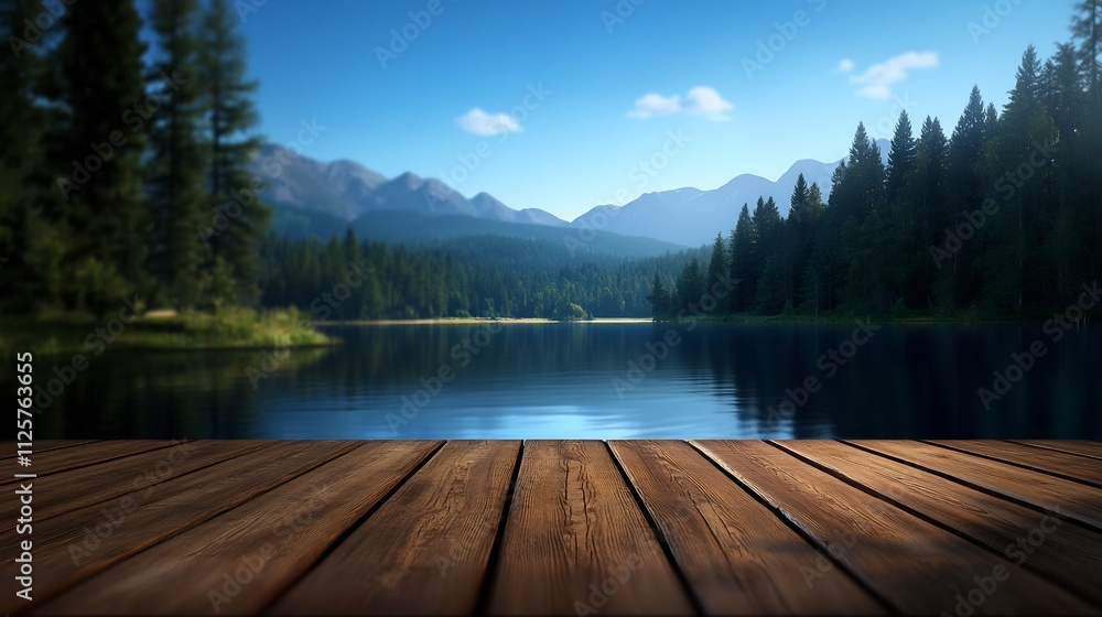 Calm lake with mountains and forest, wooden platform. Calm lake with mountains and forest, wooden platform.