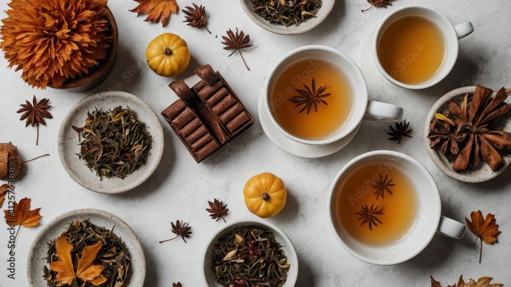 Autumn tea arrangement on white surface top view Autumn tea arrangement on white surface top view