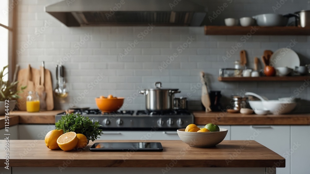 Blurred background of modern kitchen with tabletop Blurred background of modern kitchen with tabletop