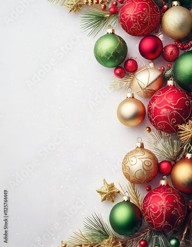 Festive Christmas Ornaments with Snowflake Background