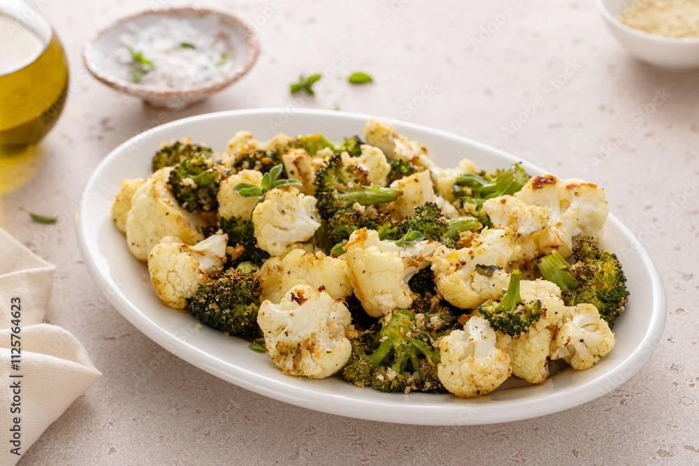 Roasted broccoli and cauliflower on a serving plate with herbs and spices Roasted broccoli and cauliflower on a serving plate with herbs and spices