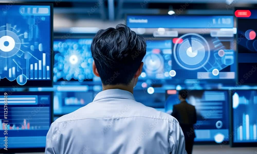 A person stands in front of large screens displaying complex data and graphics, suggesting a high-tech environment focused on analysis or monitoring. A person stands in front of large screens displaying complex data and graphics, suggesting a high-tech environment focused on analysis or monitoring.