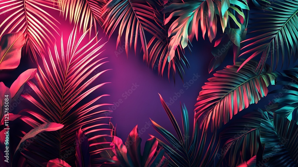 Neon Tropical Paradise: Vibrant Palm Leaves in a Dark Setting Neon Tropical Paradise: Vibrant Palm Leaves in a Dark Setting