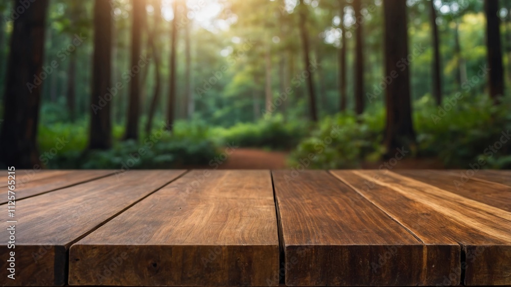 Fototapeta premium Brown wooden board with forest background display