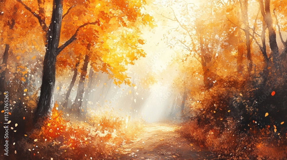 Autumnal path, golden leaves, sunlit forest. Autumnal path, golden leaves, sunlit forest.
