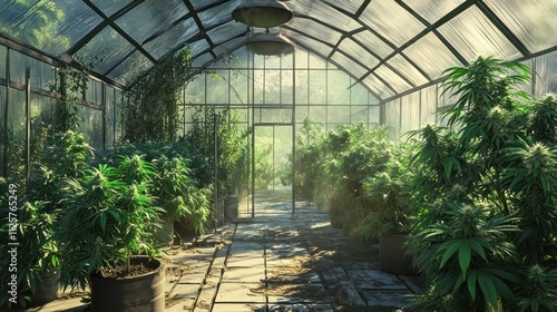 Sunlit greenhouse filled with thriving cannabis plants.