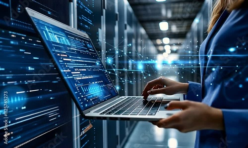 A person using a laptop in a data center, surrounded by glowing digital elements, symbolizing technology and data processing.